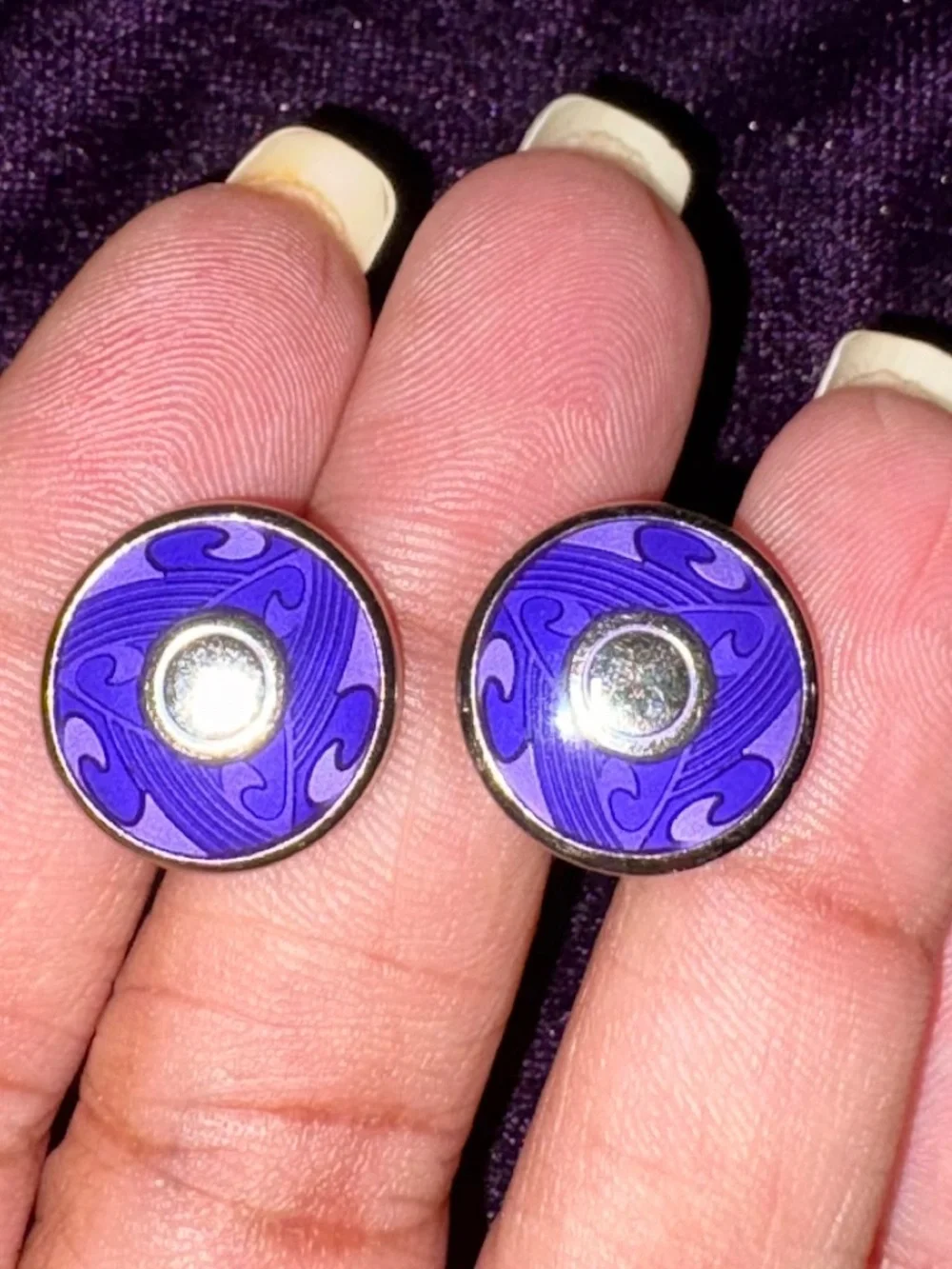 Vintage Silver-Toned Metal Base Two-Tone Purple Handcrafted Enamel Cufflinks
